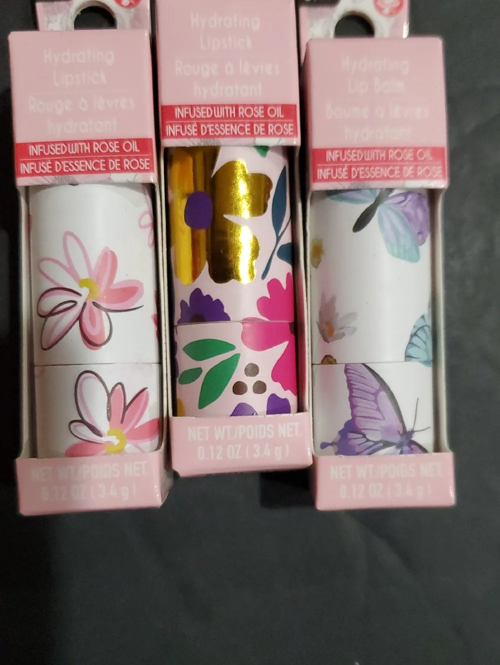 3pack hydrating rose oil infused lipsticks in berry rose, Clear & Peony pink new